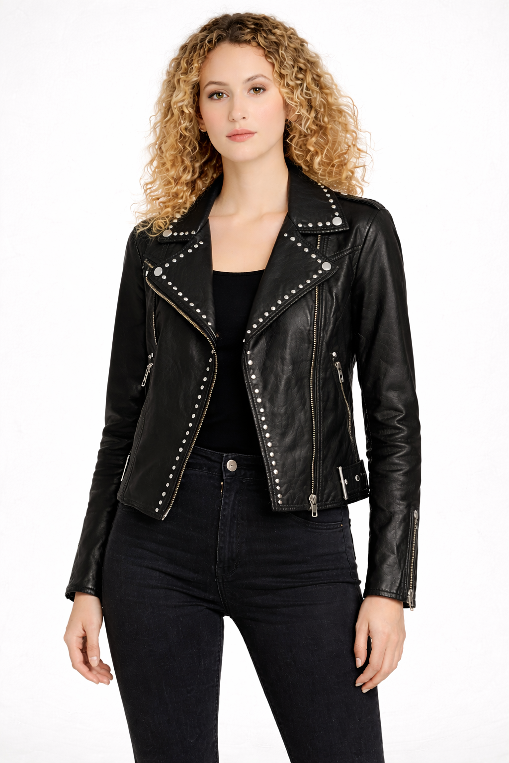 Women's Black Genuine Leather Studded Biker Jacket - Premium Slim Fit - Luxurena Leather