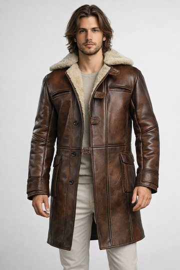 Men's Brown Genuine Leather Bane Trench Coat - Faux Fur Lined Dark Knight Inspired Long Coat - Luxurena Leather