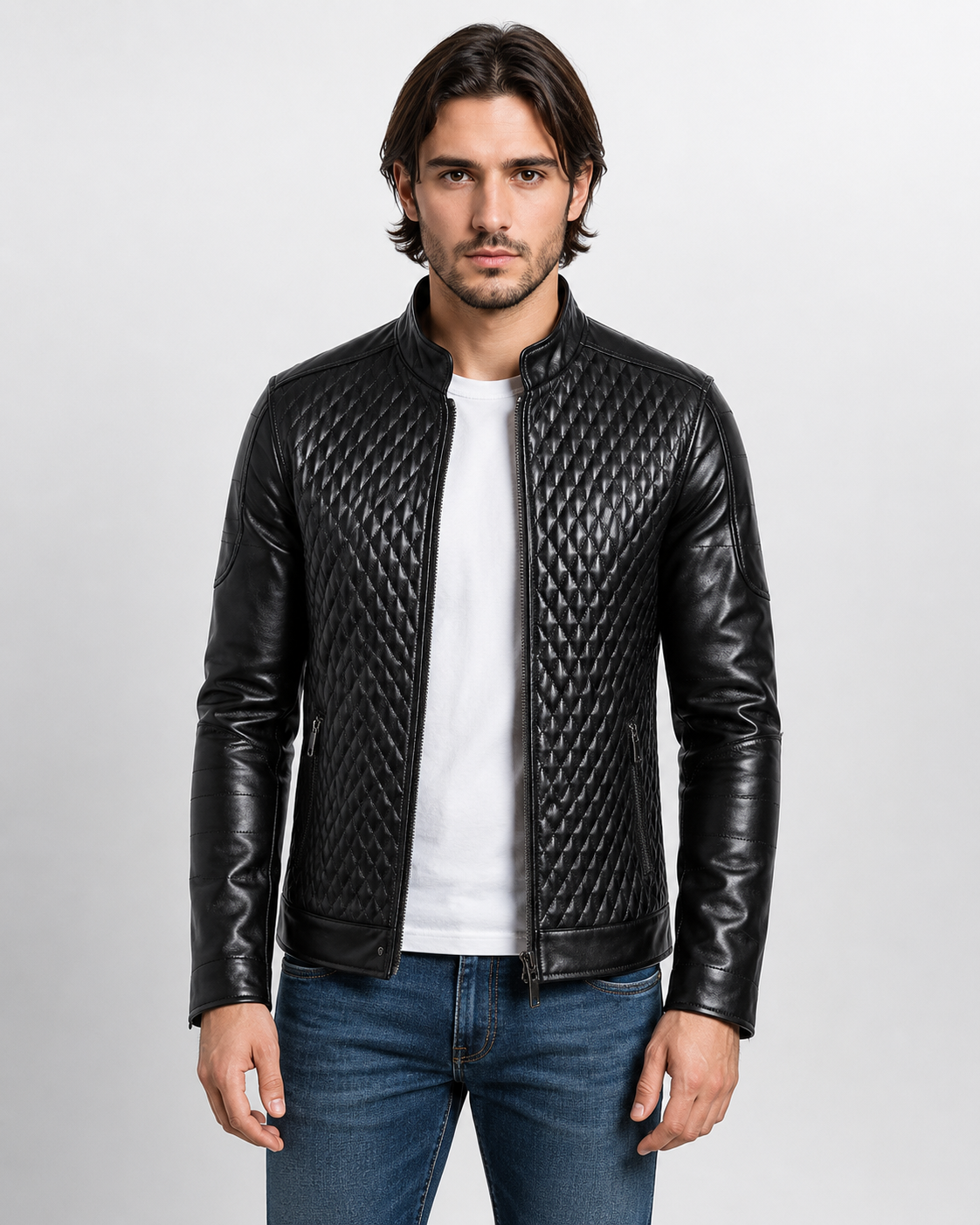 Men's Black Genuine Cowhide Leather Café Racer Jacket - Quilted Front Plain Back