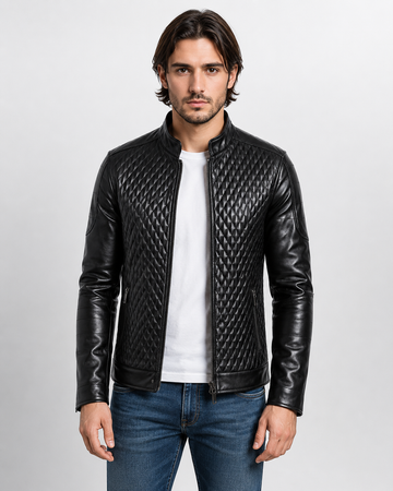 Men's Black Genuine Cowhide Leather Café Racer Jacket - Quilted Front Plain Back