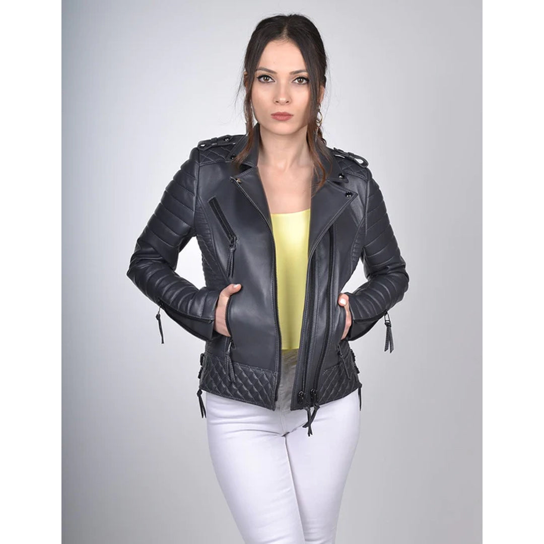 Women`s Antrasit Biker Leather Jacket