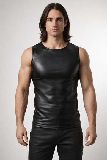 Men's Black Genuine Leather Sleeveless Biker Tank Top Vest - Slim Fit Sport Style - Luxurena Leather