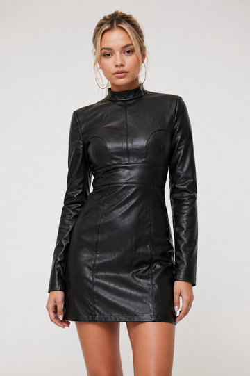 Women's Black Genuine Leather Backless Cut-Out Dress - High Neck Bodycon Fit - Luxurena Leather