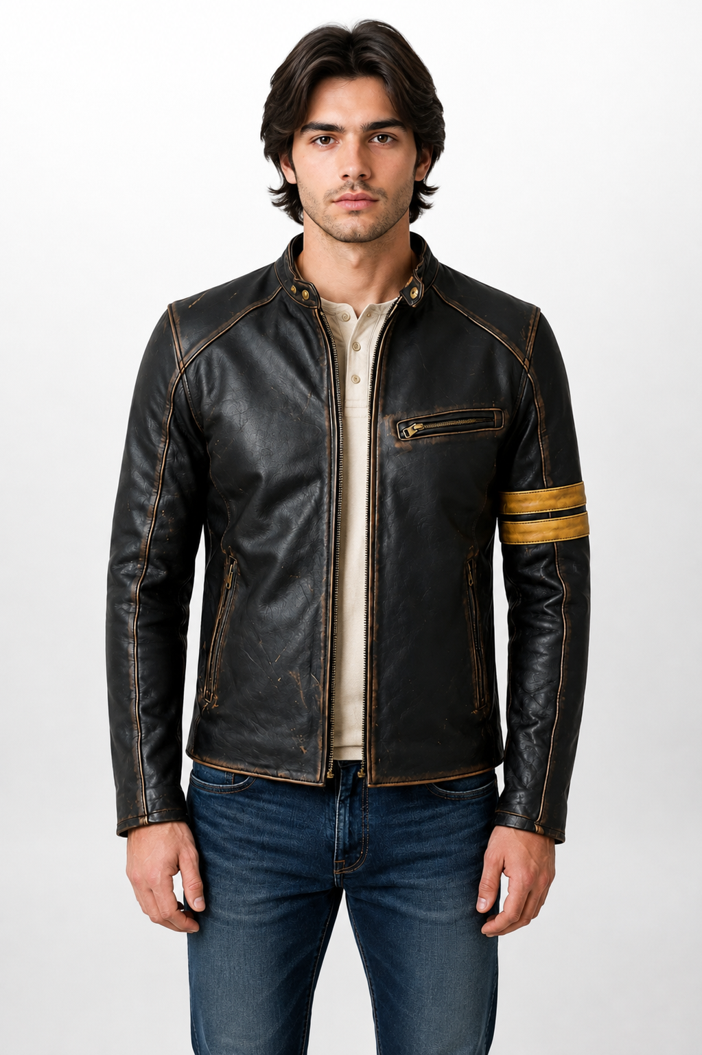 Men's Distressed Black Genuine Leather Café Racer Jacket - Antique Brown Accents & Racing Stripes