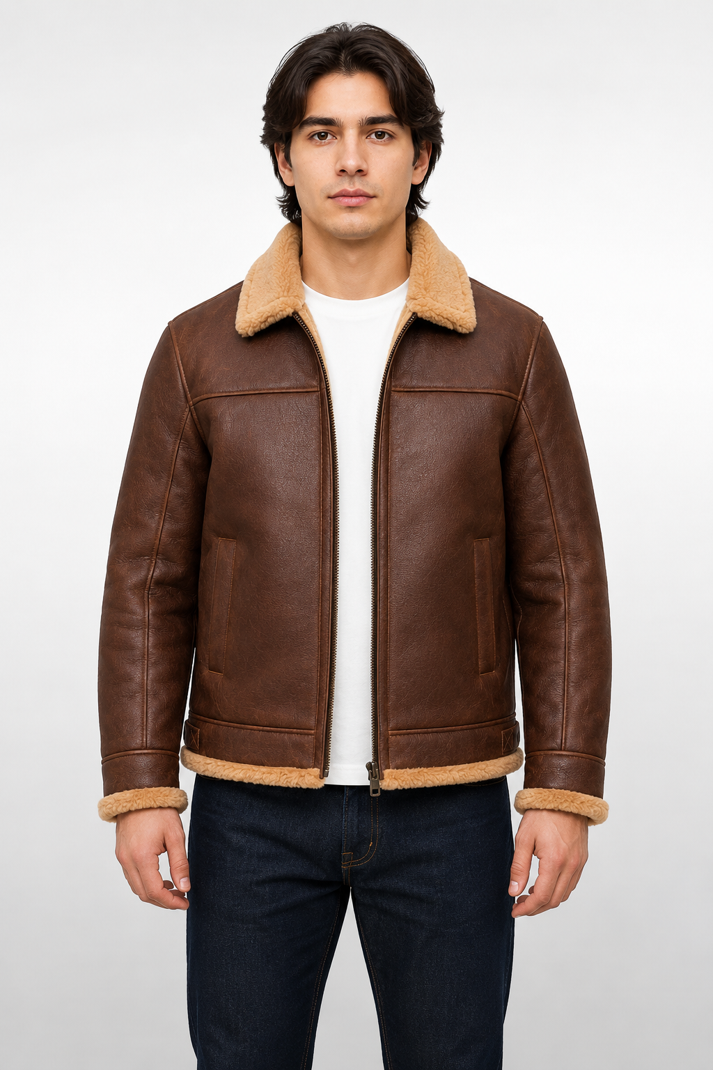 Men's B-3 Shearling Bomber Brown Leather Jacket - Genuine Sheepskin & Natural Wool