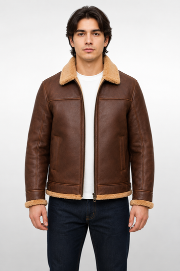 Men's B-3 Shearling Bomber Brown Leather Jacket - Genuine Sheepskin & Natural Wool