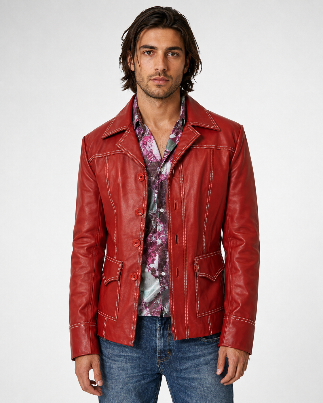 Men's Red Genuine Leather Fight Club Inspired Jacket - Vintage Brad Pitt Tyler Durden Style Leather Coat