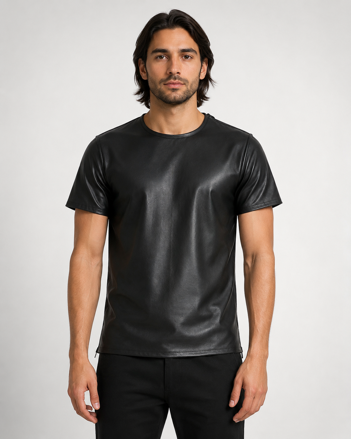 Men's Black Genuine Cow Leather Short Sleeve Shirt - Round Neck Leather T-Shirt