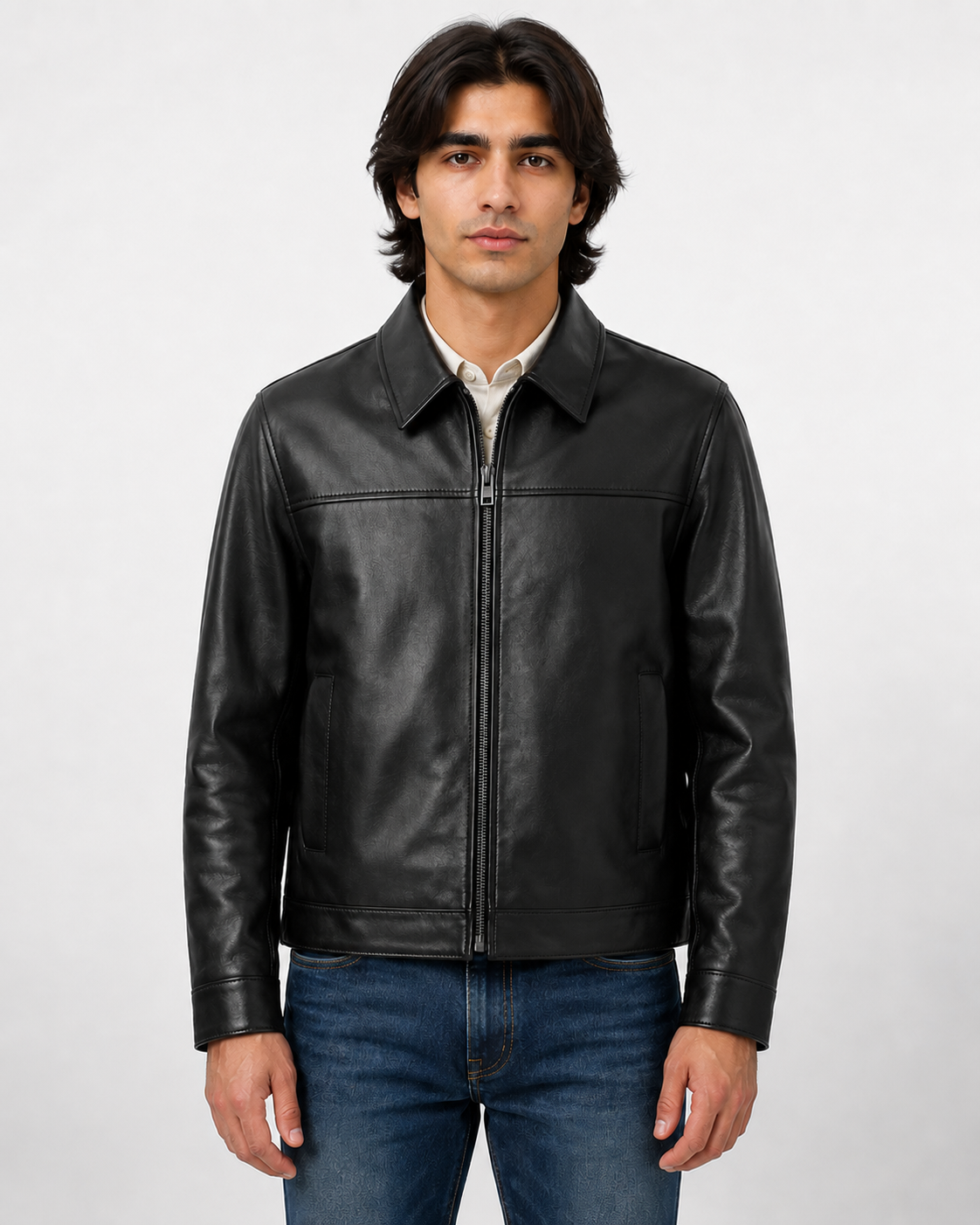 Men's Black Genuine Cow Leather Jacket - Classic Zip-Up Leather Jacket