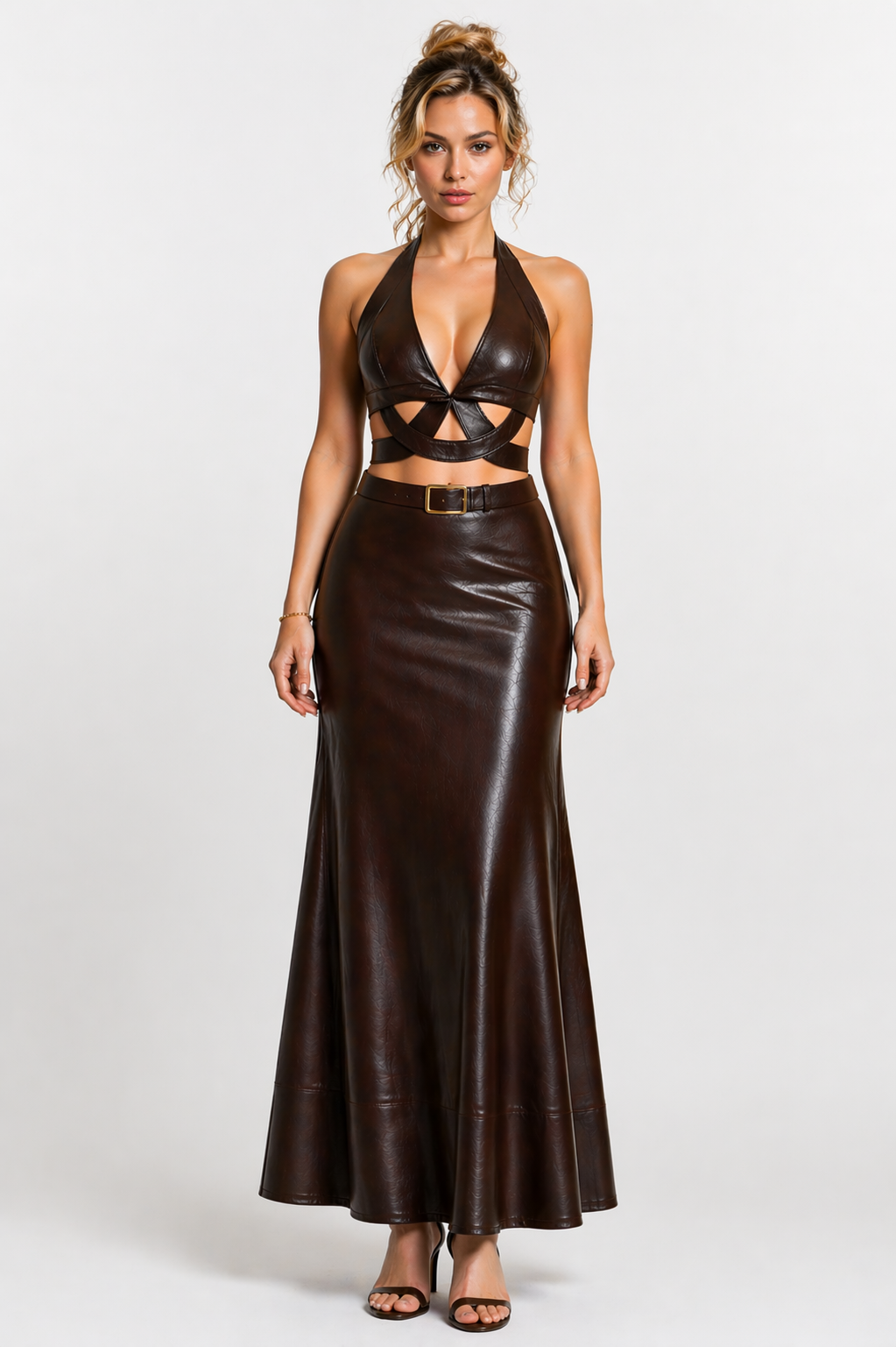 Women's Brown Genuine Leather Halter Cutout Maxi Dress with Belted Waist - Sculpted Fit Luxury Leather Gown