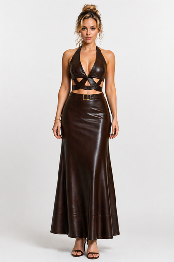 Women's Brown Genuine Leather Halter Cutout Maxi Dress with Belted Waist - Sculpted Fit Luxury Leather Gown