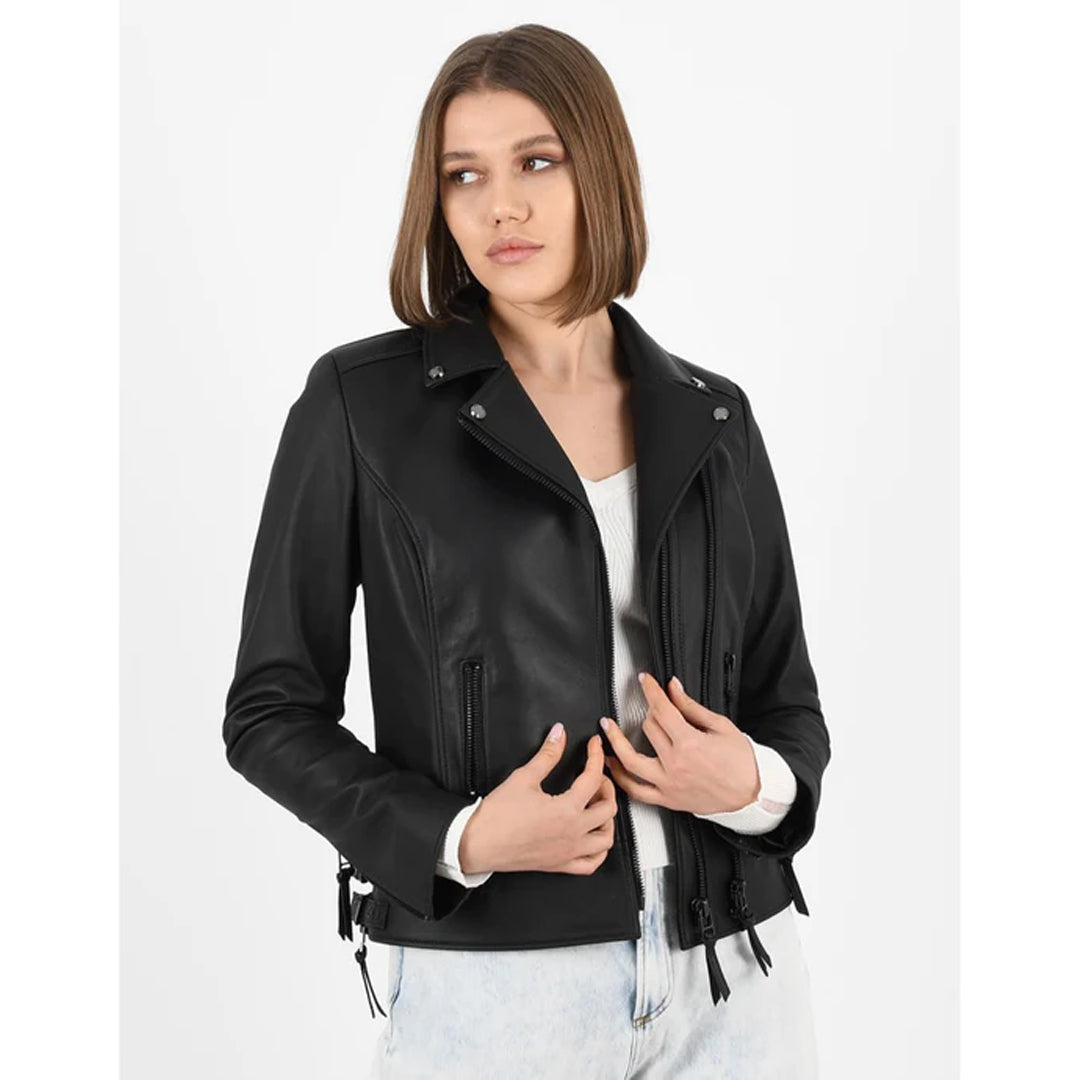 Women’s Black Classic Biker Leather Jacket - Luxurena Leather