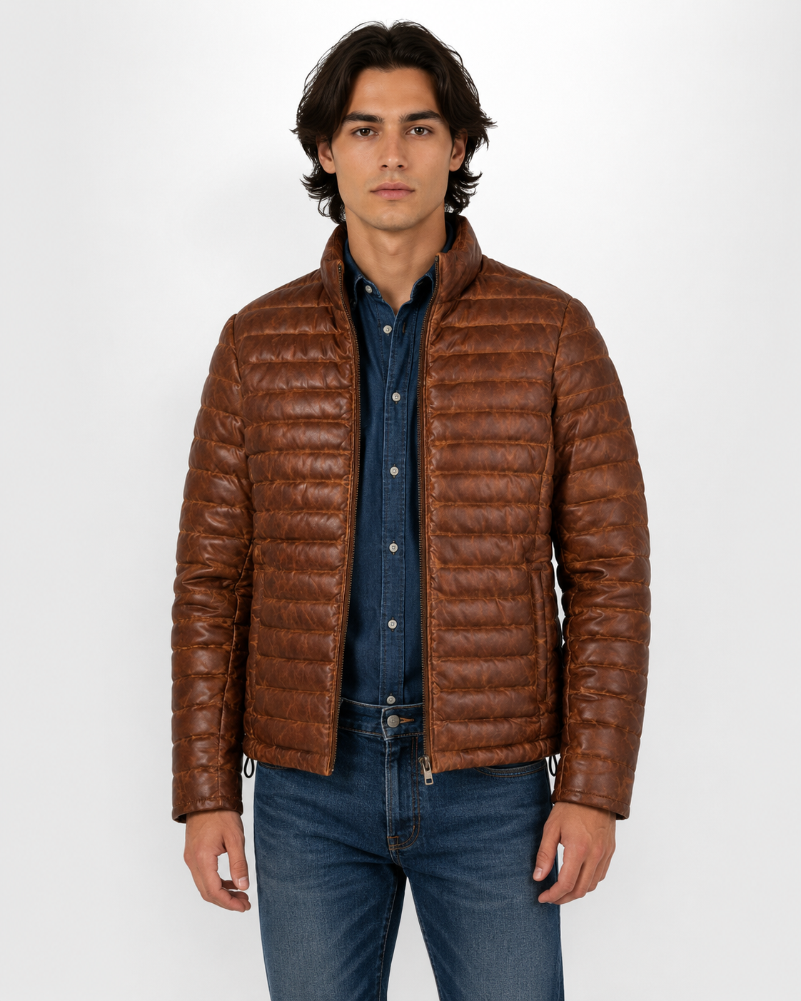 Men's Full-Grain Brown Cowhide Quilted Leather Jacket