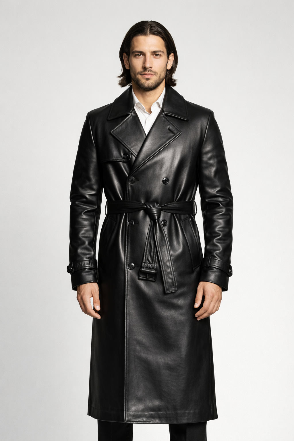 Men's Black Genuine Leather Belted Trench Coat - Classic Long Luxury Coat - Luxurena Leather
