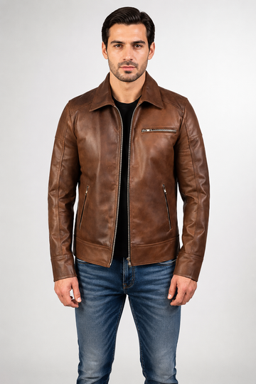 Men's Classic Brown Genuine Cow Leather Jacket - Vintage Casual Zip-Up Jacket