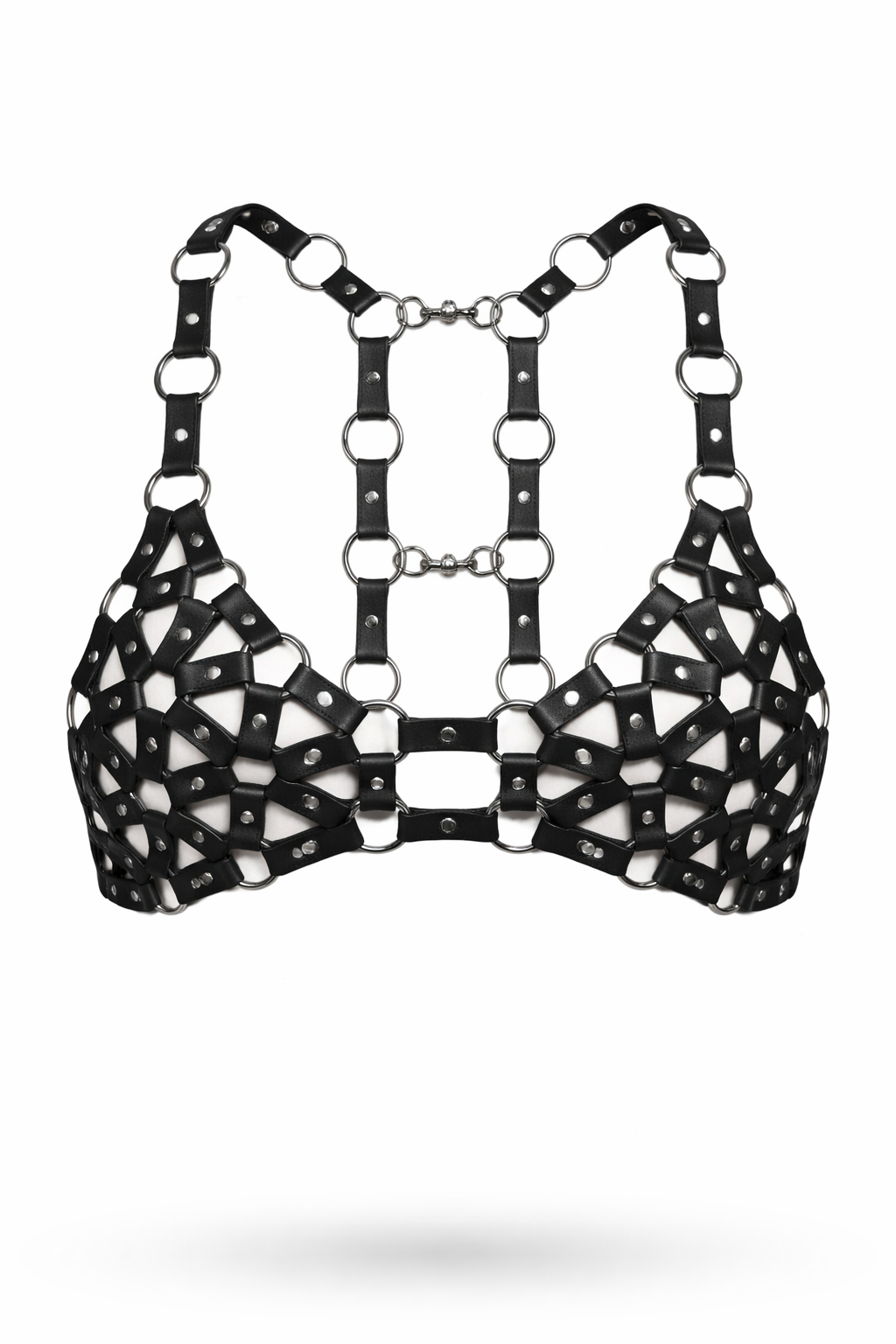 Women's Black Genuine Leather Harness Bra - Fishnet Cage Design with Metal Ring Straps - Luxurena Leather