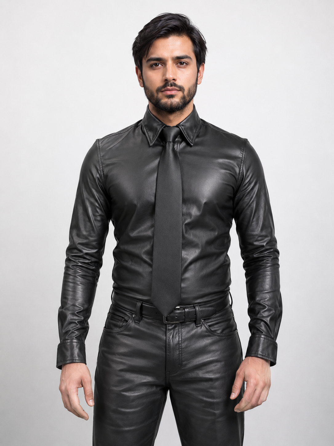 Men's Genuine Black Leather Police Military Shirt - Full Sleeve Real Leather Uniform Style Shirt