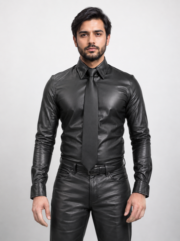 Men's Genuine Black Leather Police Military Shirt - Full Sleeve Real Leather Uniform Style Shirt