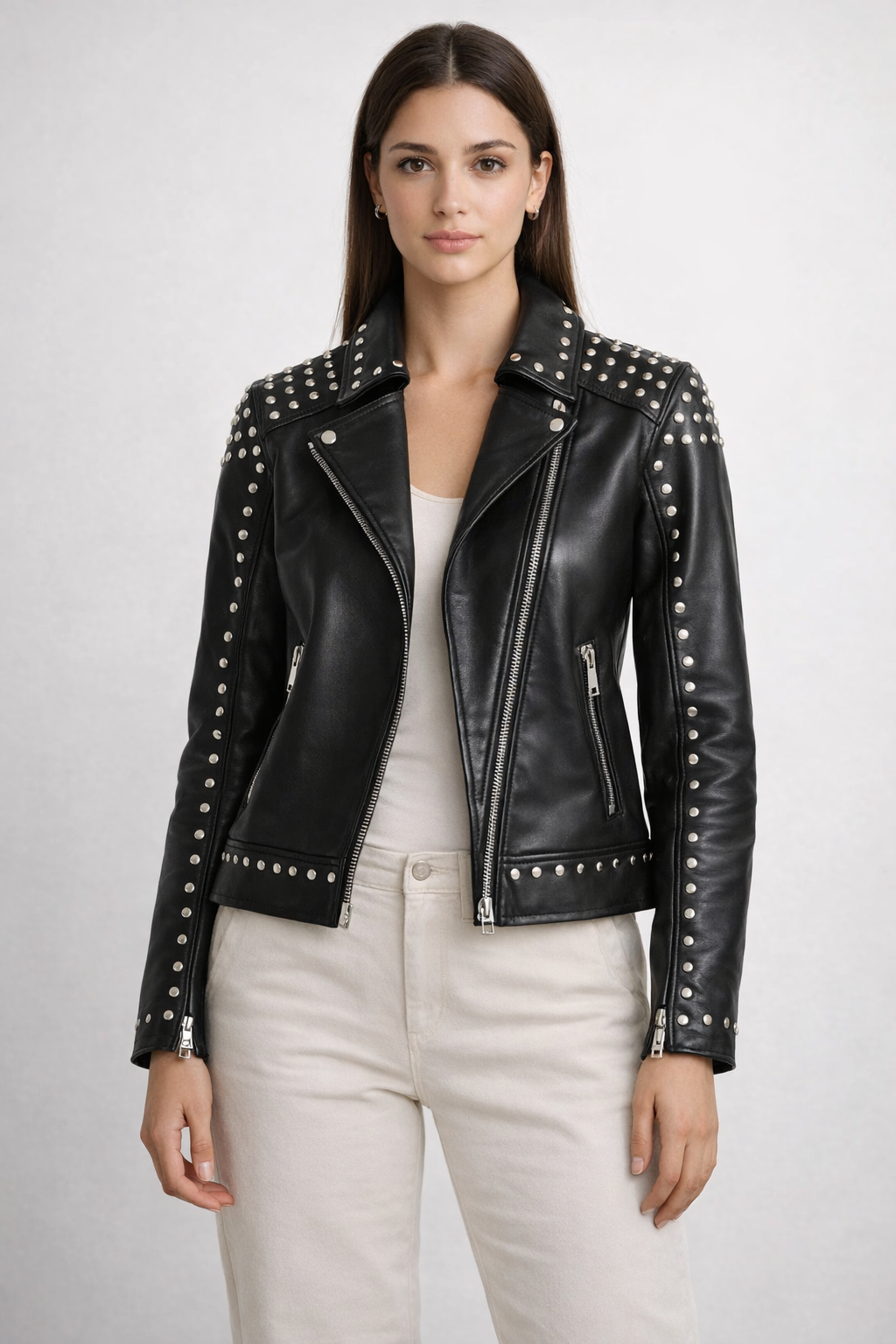Women's Black Genuine Leather Studded Biker Jacket - Premium Slim Fit - Luxurena Leather