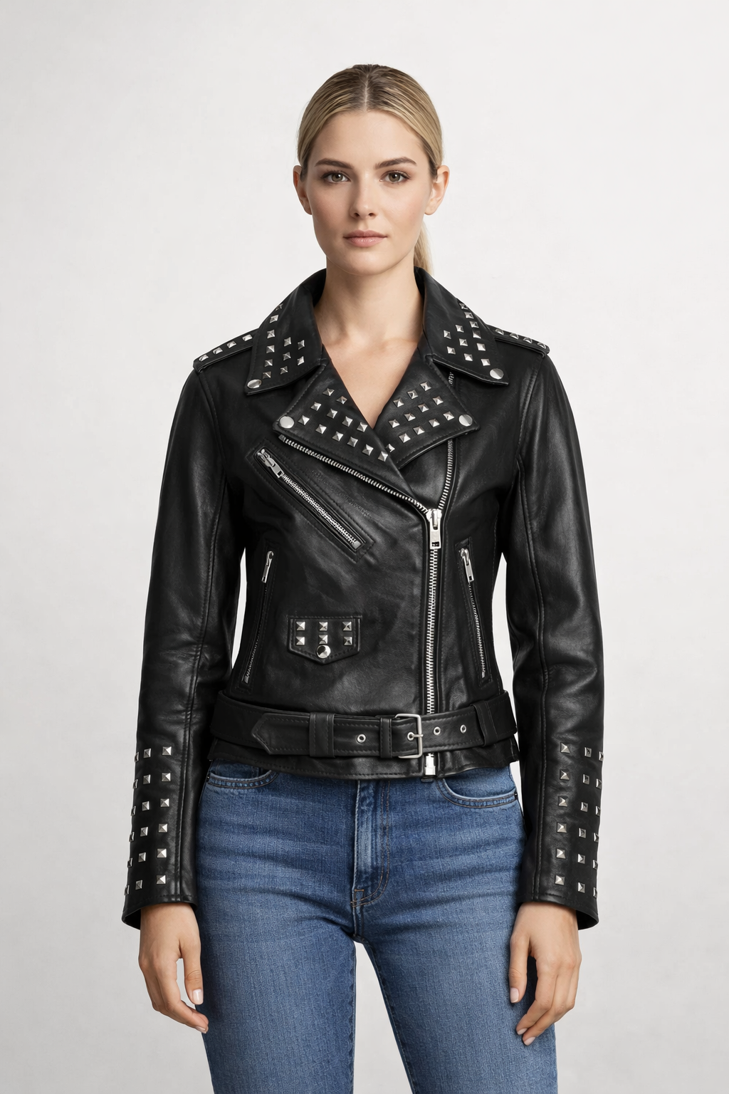 Women's Black Genuine Leather Studded Brando Biker Jacket with Belt - Luxurena Leather