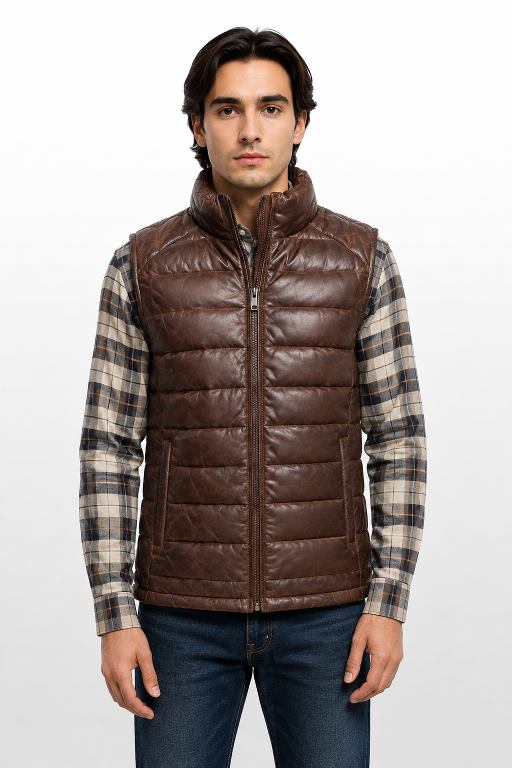 Men's Genuine Lambskin Dark Brown Leather Quilted Vest