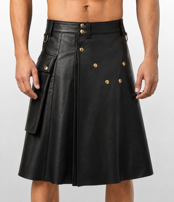 Men's Genuine Black Leather Gladiator Pleated Kilt with Utility Pockets