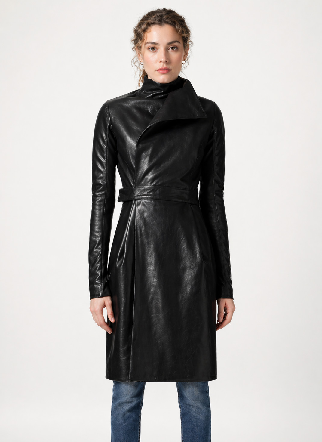 Women's Black Genuine Leather High Neck Belted Long Coat - Structured Fit - Luxurena Leather