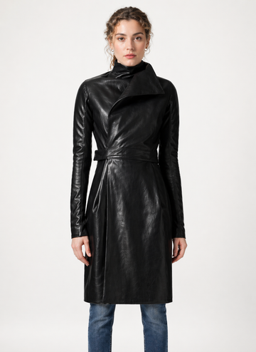 Women's Black Genuine Leather High Neck Belted Long Coat - Structured Fit - Luxurena Leather