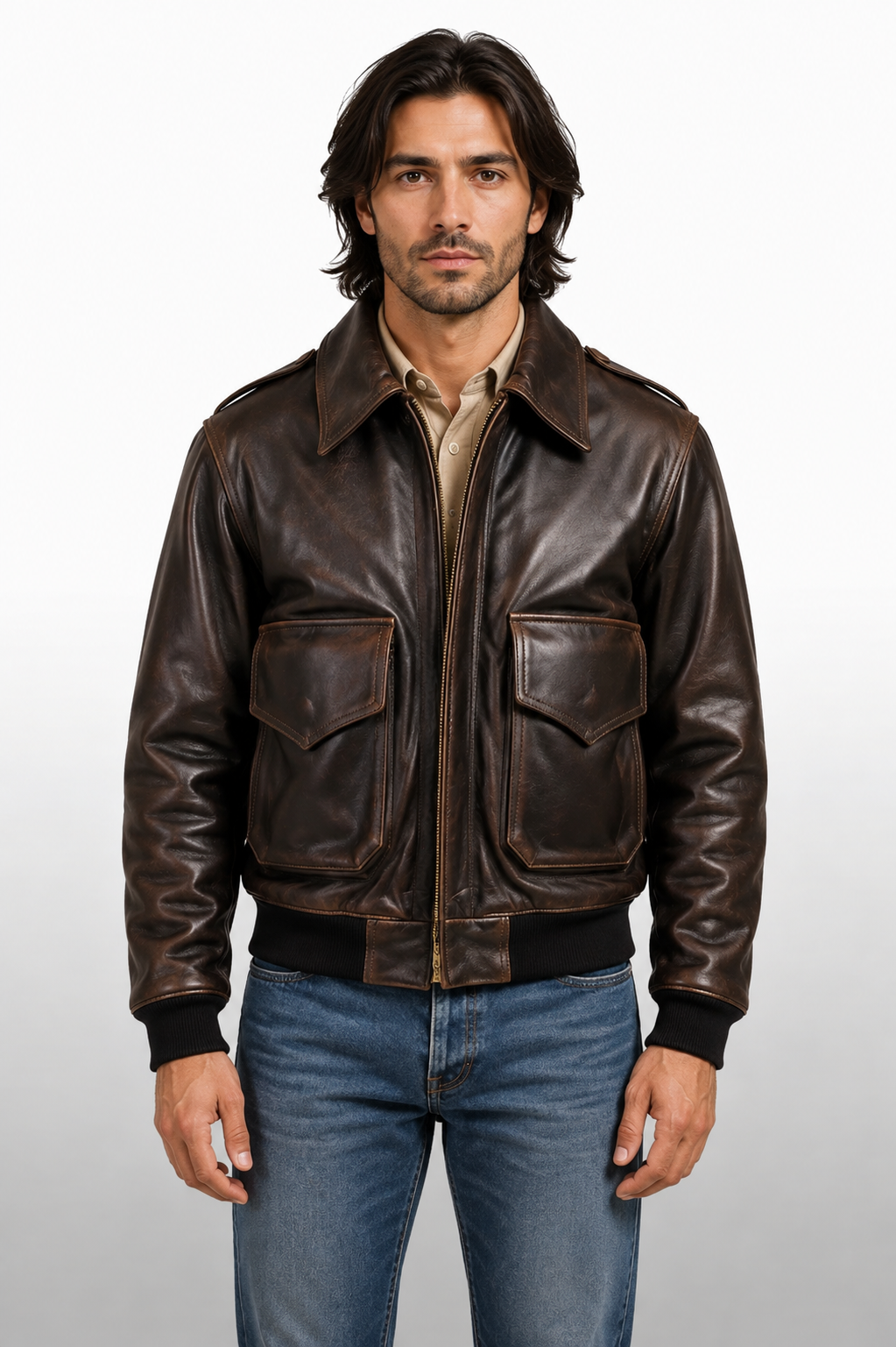 Men's A-2 Brown Cowhide Leather Vintage Flight Bomber Air Force Pilot Aviator Jacket
