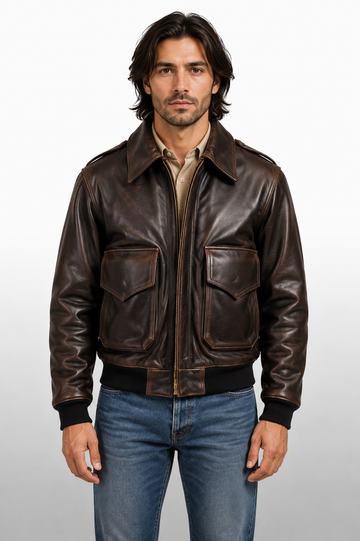 Men's A-2 Brown Cowhide Leather Vintage Flight Bomber Air Force Pilot Aviator Jacket