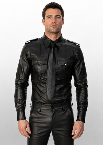Men's Real Black Leather Police Military Style Full Sleeve Shirt