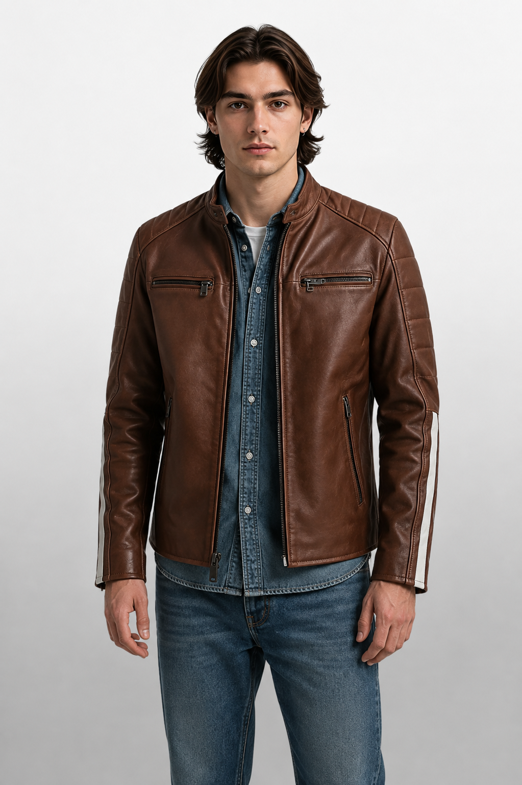Men's Vintage Brown Cow Leather Striped Sleeve Racer Jacket