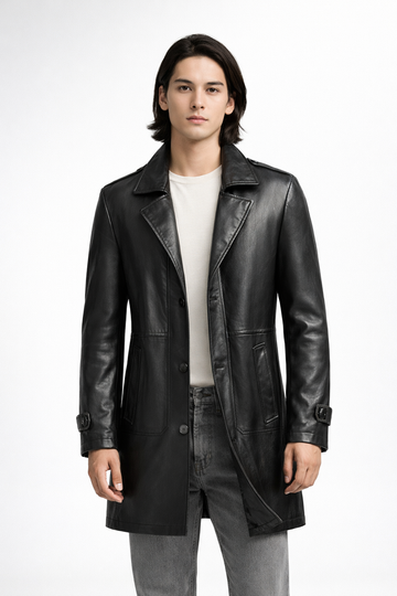 Men's Black Genuine Leather Mid-Length Coat - Classic Tailored Premium Leather Jacket - Luxurena Leather
