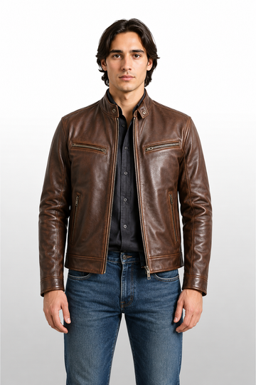 Men's Brown Cowhide Leather Café Racer Jacket - Classic Vintage Biker Style