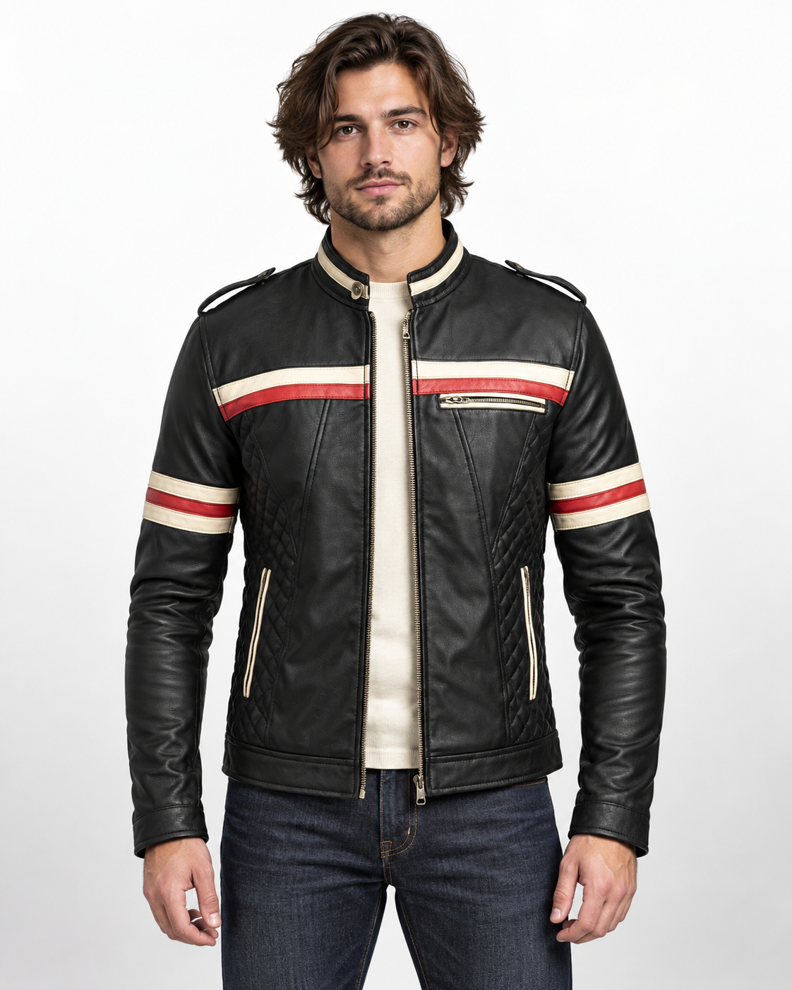 Men's Black Genuine Leather Cafe Racer Jacket with Red & White Stripes - Quilted Biker Motorcycle Jacket