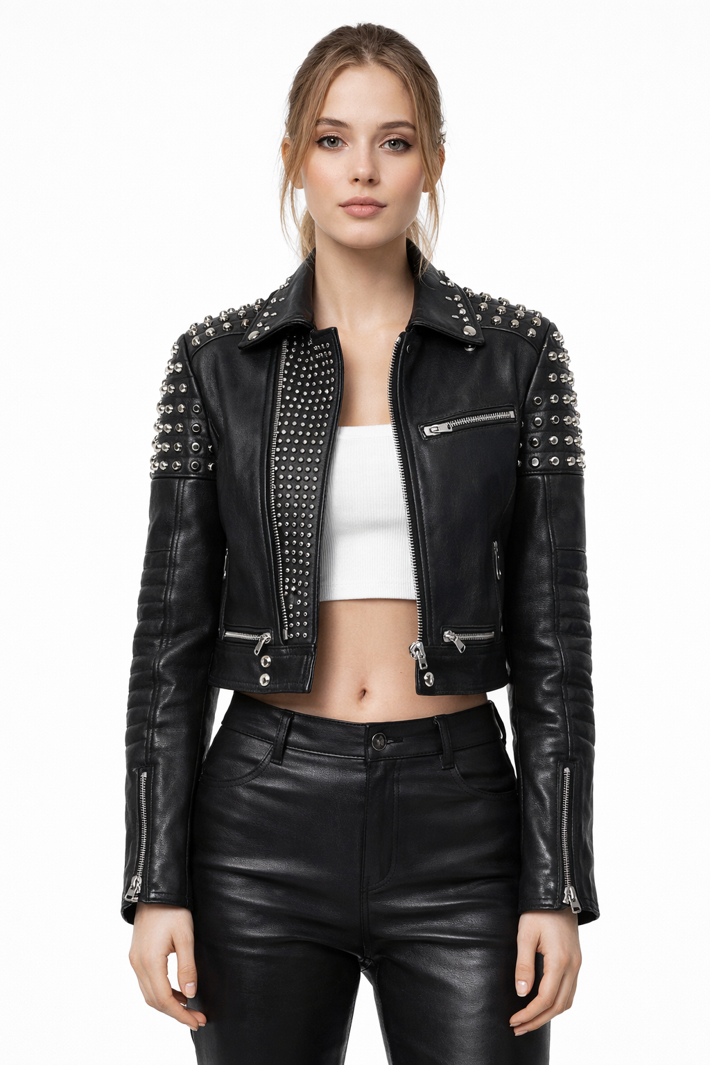 Women's Black Genuine Leather Studded Jacket - Premium Handcrafted Biker Style - Luxurena Leather