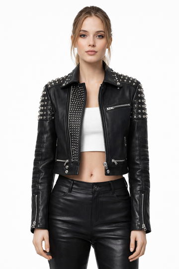 Women's Black Genuine Leather Studded Jacket - Premium Handcrafted Biker Style - Luxurena Leather