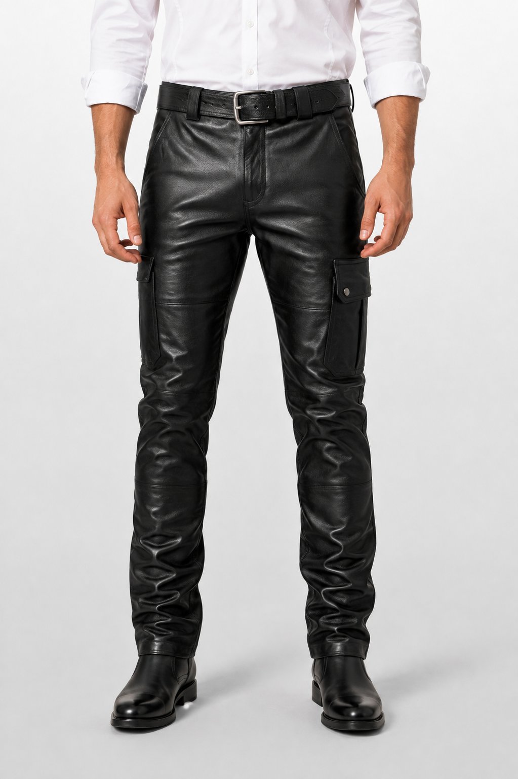Men's Black Genuine Leather Biker Cargo Pants - Utility Pocket Motorcycle Trousers