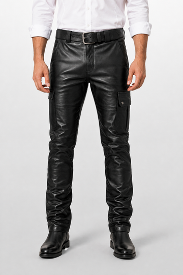 Men's Black Genuine Leather Biker Cargo Pants - Utility Pocket Motorcycle Trousers