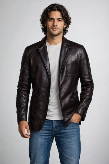 Men's Black Genuine Leather Blazer - Jason Wild Slim Fit Classic Coat
