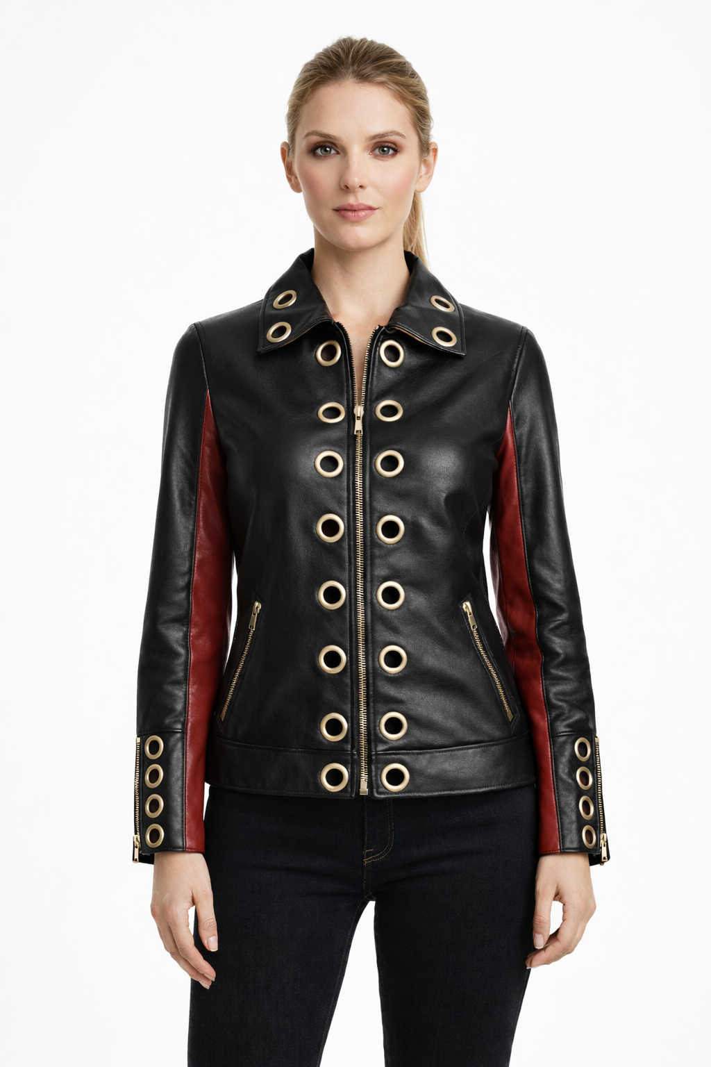 Women's Black & Red Genuine Leather Eyelet Jacket - Premium Slim Fit Statement Piece - Luxurena Leather