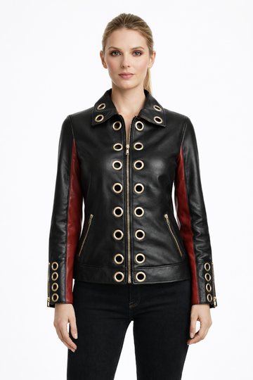Women's Black & Red Genuine Leather Eyelet Jacket - Premium Slim Fit Statement Piece - Luxurena Leather