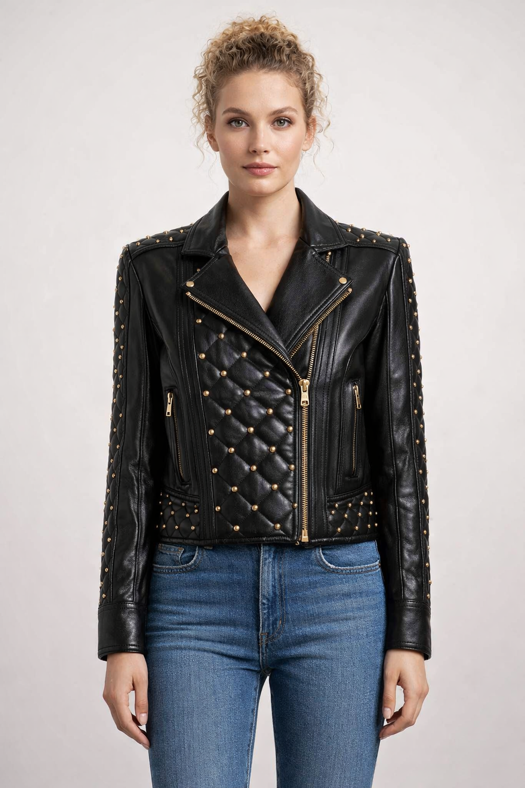 Women's Black Genuine Leather Quilted Gold Studded Brando Classic Jacket - Luxurena Leather