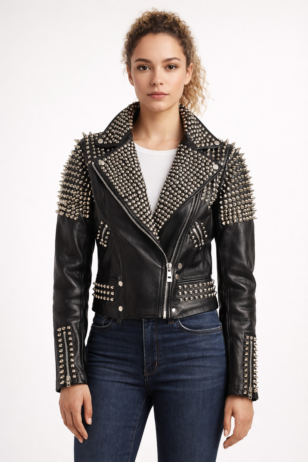Women's Black Genuine Leather Studded Spike Jacket - Premium Handmade Biker Style - Luxurena Leather