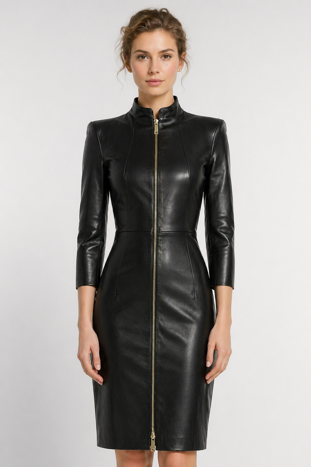 Women's Black Genuine Leather Front Zip Formal Midi Dress - Soft Real Leather - Luxurena Leather