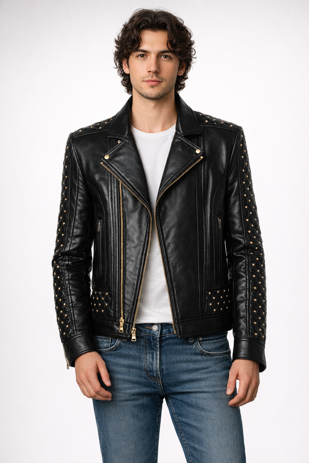 Men's Black Genuine Leather Quilted Gold Studded Brando Classic Jacket