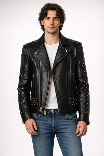Men's Black Genuine Leather Quilted Gold Studded Brando Classic Jacket