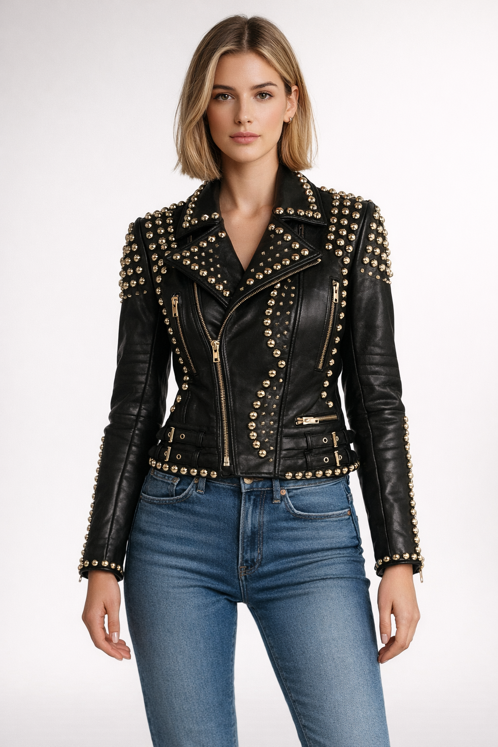 Women's Black Genuine Leather Studded Biker Jacket - Brando Style Belted Luxury Fit - Luxurena Leather