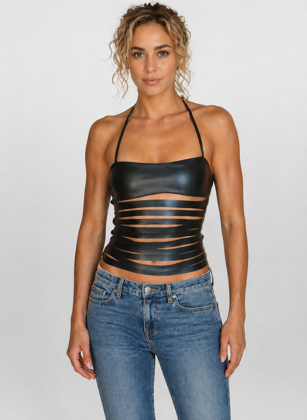 Women's Black Genuine Leather Striped Halter Top - Sculpted Bodycon Fit - Luxurena Leather