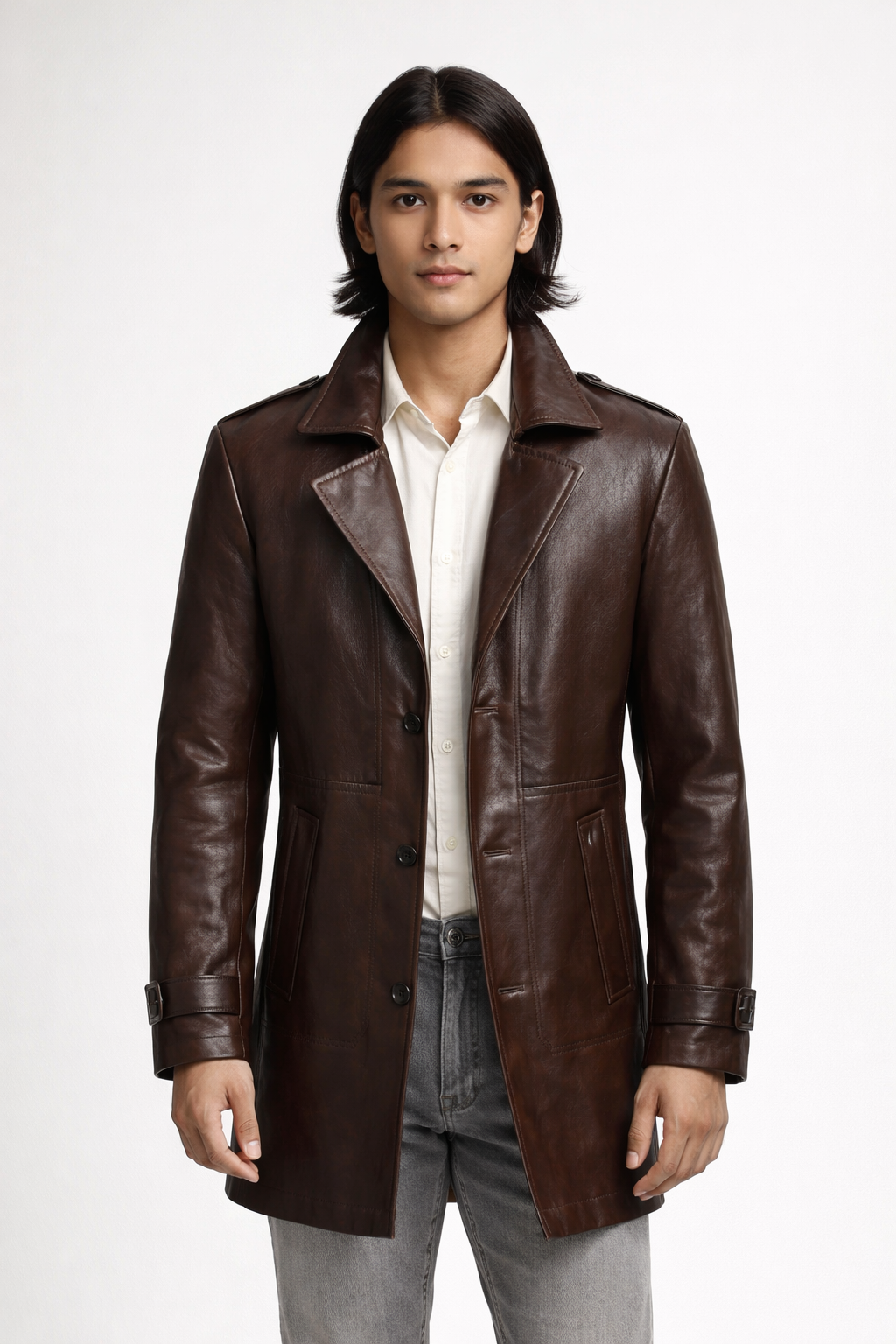 Men's Brown Genuine Leather Mid-Length Coat - Premium Tailored Fit Leather Jacket